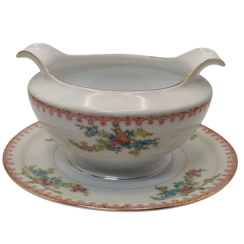Vintage Kikusui China Gravy Boat Attached Under Plate KIK39‎ Floral Red Trim SEE